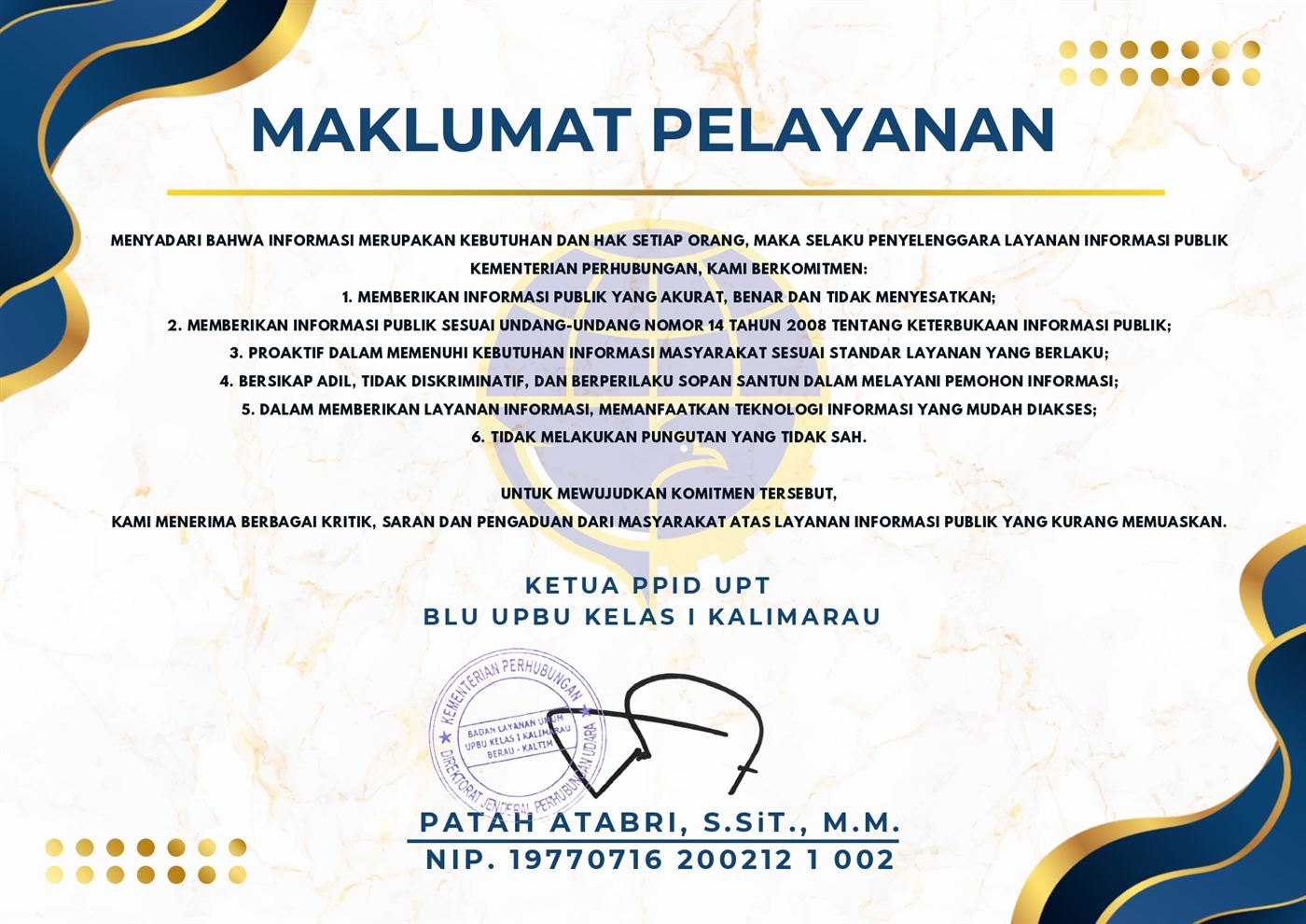 Maklumat Pelayanan PPID Bandar Udara Kalimarau